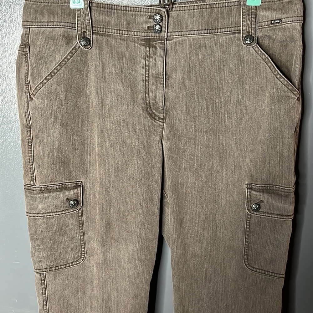 St. John Green Cargo Pants‎ Straight Crop Jeans Cotton Stretch Size 14 High Rise - Picture 4 of 9